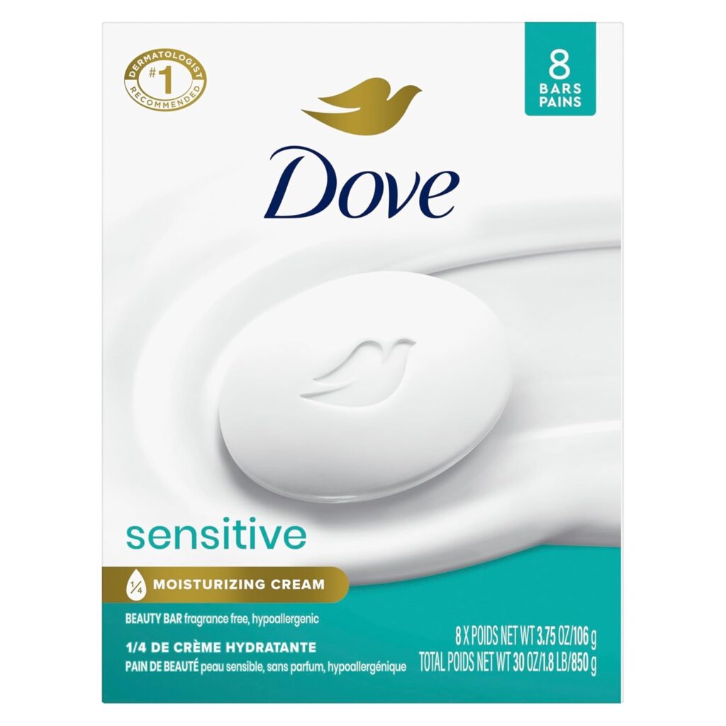 Dove Beauty Bar Soap Sensitive, 8 Bars for Sensitive Skin, Fragrance Free and Hypoallergenic