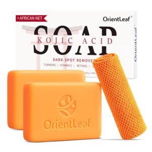 Kojic Acid Soap with African Sponge Net, 4oz Turmeric Soap Bar, Fresh Citrus Scent, Gentle for Face and Body Wash with Vitamin C, Retinol (2 Pack)