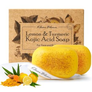 Lemon Turmeric Kojic Acid Soap – Exfoliating Soap with Almond Particles for Dark Spots, Vitamin C and Extra Shea Butter, Gentle Brightening & Moisturizing for Face and Body – 105g x 2 Bars