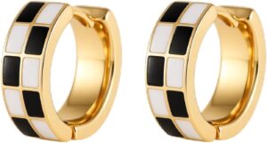 Sriomu Chic Checker Small Hoop Cartilage Earrings Teacher Earrings for Women；White Black Enamel Hypoallergenic Hooped Gifts Gold and Silver tone