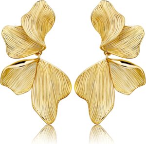 Gold Statement Earrings For Women 18K Gold Plated Sectored Flower Leaf Shell Angel Wing Earring Large Stud Earrings Hypoallergenic Stud