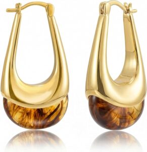Chunky Dangle Earrings for Women, Vintage Oval Amber Style Statement Earrings, Distinctive U-Shaped Huggie Hoop Earrings with Glossy Inlay, Retro Fashion Jewelry for Daily and Social Events