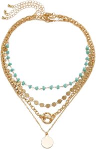Boho Layered Gold Turquoise Necklace for Women Multi Strand Western Beach Jewelry Stackable Chain with Toggle Clasp Disc Pendant Trendy Fashion Jewelry