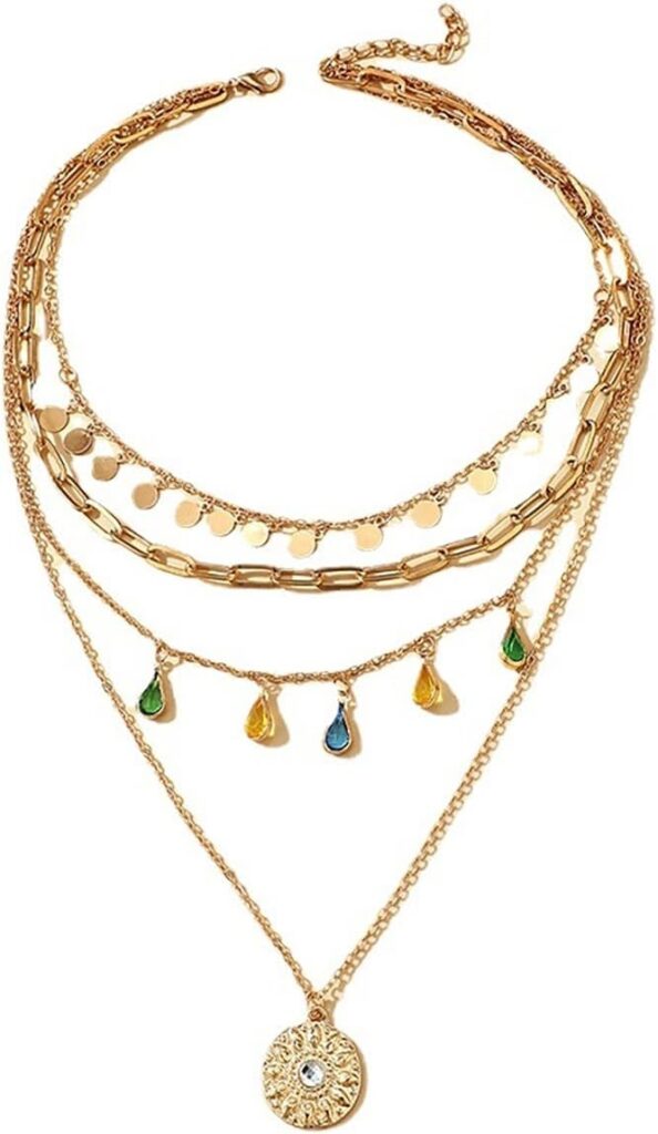 GYRMMUE Layered Pendant Necklace for Women Boho Western Jewelry Multilayer Statement Necklace Stack Coin Chunky Pendant Necklace Geometric Circular Tassel Necklace