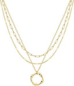 Layered Necklaces for Women 14K Gold Plated Stack Circle Pendant Trendy Long Chain Stackable Handmade Coin Necklace Set Dainty Gold Stacked Jewelry Gifts