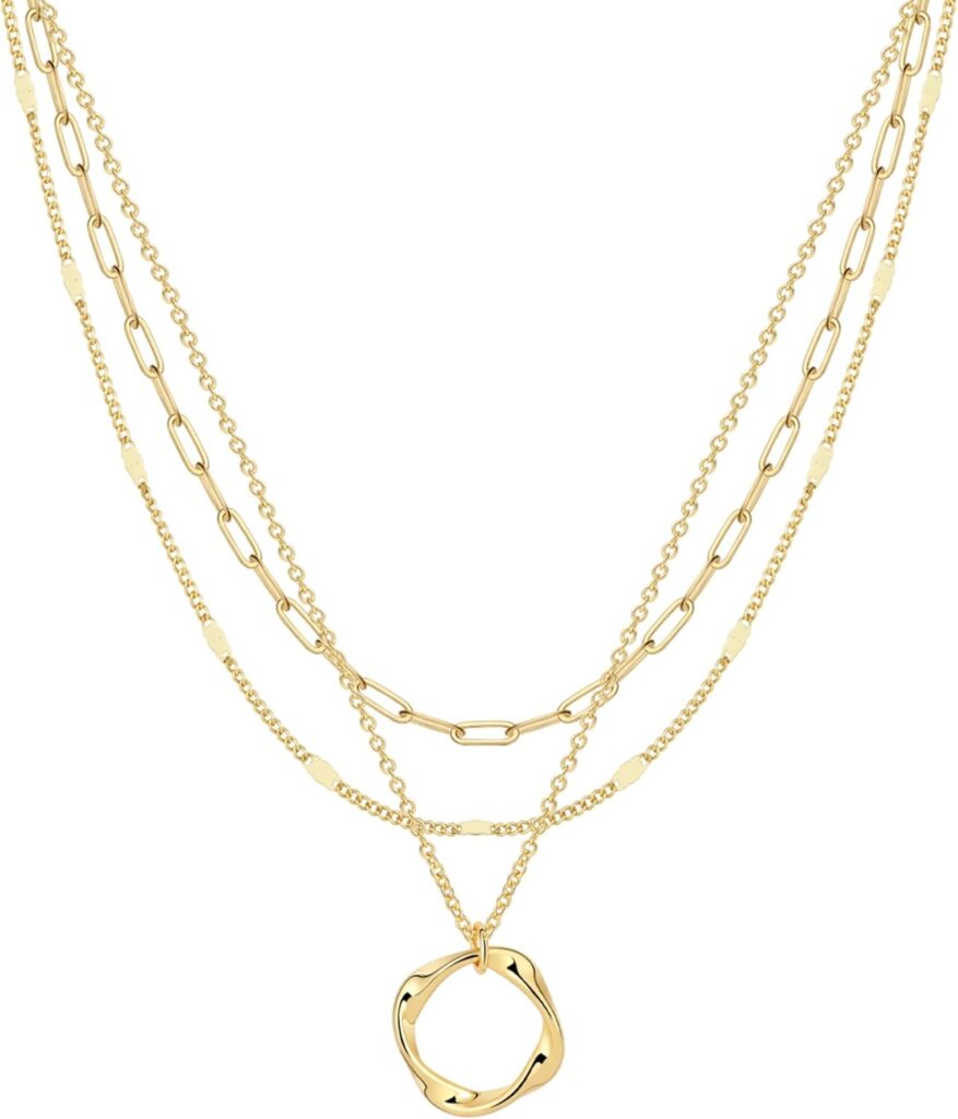 Layered Necklaces for Women 14K Gold Plated Stack Circle Pendant Trendy Long Chain Stackable Handmade Coin Necklace Set Dainty Gold Stacked Jewelry Gifts