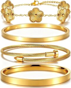 Gold Bracelets for Women – Stackable Clover & Nail Love Bangle Set – Stainless Steel Non-Tarnish Jewelry Gift for Birthday Valentine’s, Mother’s Day & Christmas