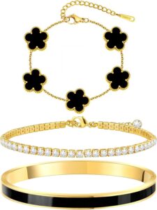 MOINSPIRE Gold Bracelets for Women, 18K Gold Plated Tennis Nail Clover love Bangle Bracelets Set Non Tarnish, Stainless Steel Trendy Stackable Bracelet Fashion Jewelry Accessories Gifts for Christmas