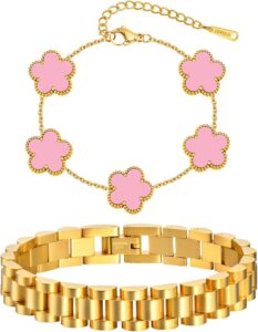 Stackable Gold Floral Bracelets Set , 2pcs 18K Gold Plated Bracelet Non-Tarnish,Stainless Steel Link Chain Friendship Bracelet,Watch Band Trendy Jewelry,Christmas Valentines Birthday Gifts for Women