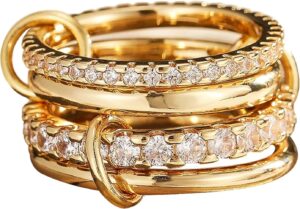 PULANTIYU Stackable Rings for Women Non Tarnish Gold Silver Mixed Metal Statement Rings with Zircon Sparkling decorations Two-Toned Connected Bands Ring Jewelry Gift