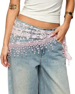 Women’s Floral Lace Triangle Hip Scarf Head Kerchief Tie Waist Belt Sheer Hip Wrap Boho Head Scarf Hair Accessory