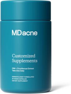 MDacne DIM Skin Clearing Supplements (30 Vegan Capsules) – for Acne Treatment, Estrogen Balance, Hormone Menopause Relief & Bodybuilding, Cruciferous Extract & Bioperine (30 Count (Pack of 1))