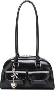 Vintage Shoulder Bag for Women Trendy Top Handle PU Leather Bowler Bag Y2k Shoulder Purse Handbag with Pendant