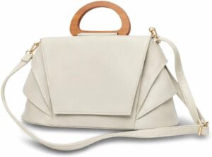 Women’s Top Handle Handbag with Wooden Handle, Vegan Leather Satchel, Structured Crossbody Shoulder Bag for Office, Party