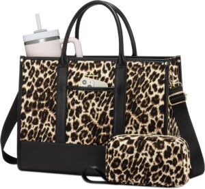 LOVEVOOK Laptop Tote Bags for Women Canvas Work Bag 15.6 inch Large Professional Teacher Purse Lightweight Computer Bag Briefcase Business Office, Leopard-black