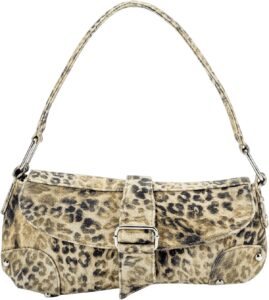 QWINEE Women’s Y2K Leopard Print Shoulder Bag Denim Handbags Retro Cheetah Purses Top Handle Buckle Clutch Underarm Bag