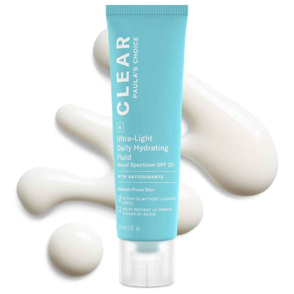 Paula's Choice CLEAR Ultra-Light Hydrating Oil Free Face Sunscreen & Moisturizer, SPF 30 Sunscreen for Face with Green Tea & Chamomile, Pore Minimizer for Blemish- Prone Skin, UVA/UVB Protection, 2oz