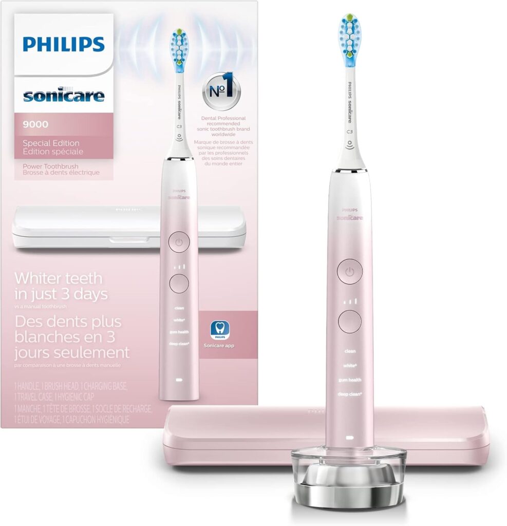 Philips Sonicare DiamondClean 9000 Electric Toothbrush - Sonic Toothbrush with App, Pressure Sensor, 12 Brushing Settings, Replacement Reminder, Charging Stand, Travel Case, Pink, HX9911/90