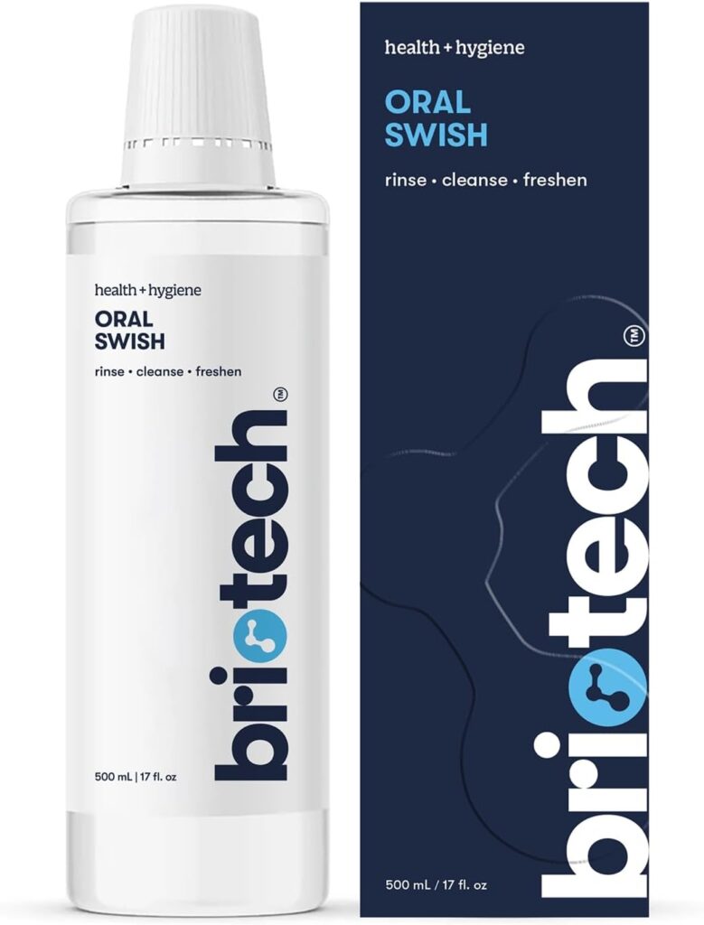 BRIOTECH Oral Swish, Hypochlorous Acid Mouthwash Rinse, Gentle Oral Care Hygiene, Fight Bad Breath, Support Against Plaque, Gum Irritation & Tender Gums, Alcohol & Fluoride Free, 17 fl oz