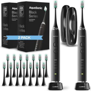 Aquasonic Black Series Ultra Whitening Toothbrush – ADA Accepted Electric Toothbrush- 8 Brush Heads & Travel Case – 40,000 VPM Electric Motor & Wireless Charging – 4 Modes w Smart Timer (Pack of 2)