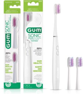 GUM Sonic Powered Toothbrush, Electric Toothbrush for Adults with Tapered Bristles to Clean Below the Gumline, White, 1 Handle + 2 Refills