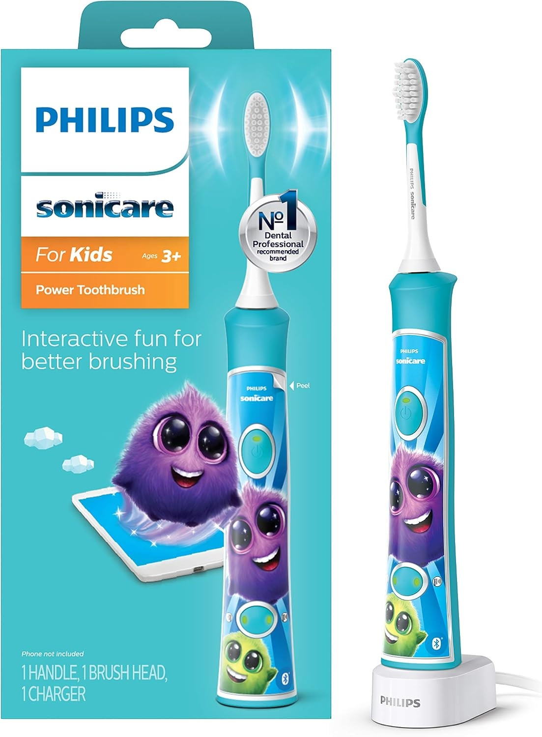 Philips Sonicare for Kids 3+ Bluetooth Connected Rechargeable Electric Power Toothbrush - Interactive for Better Brushing - Turquoise - HX6321/02