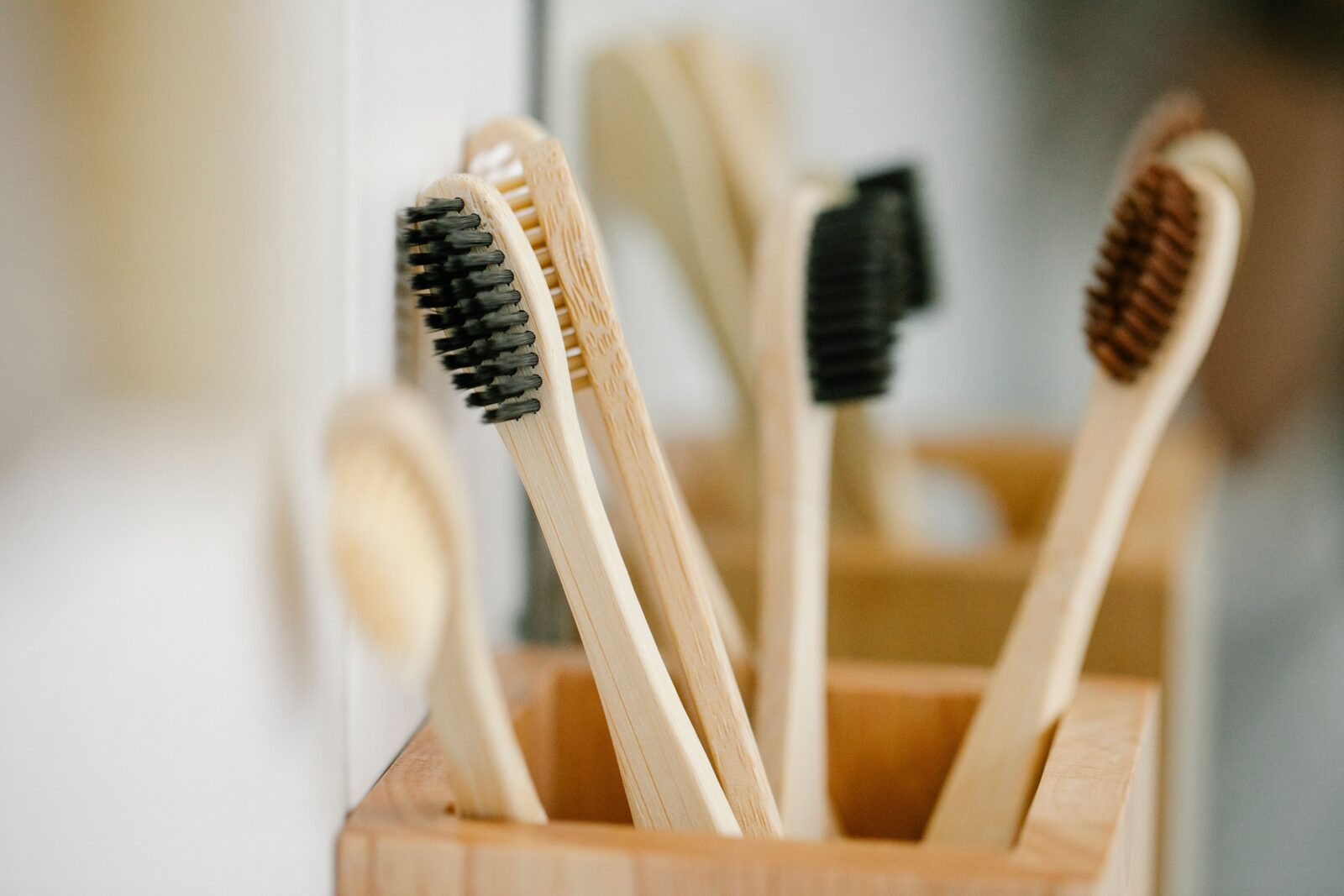 Clean bathroom sink setup with toothpaste, toothbrush holder, and plant, showing an ideal oral