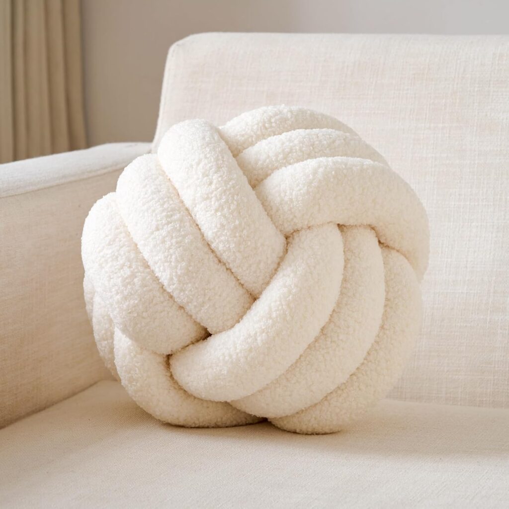 Knot Pillow Ball Soft Home Decorative Round Throw Pillow Handmade Knotted Plush Pillow Round Boucle Pillow Cushion (8.6 Inches Ivory)