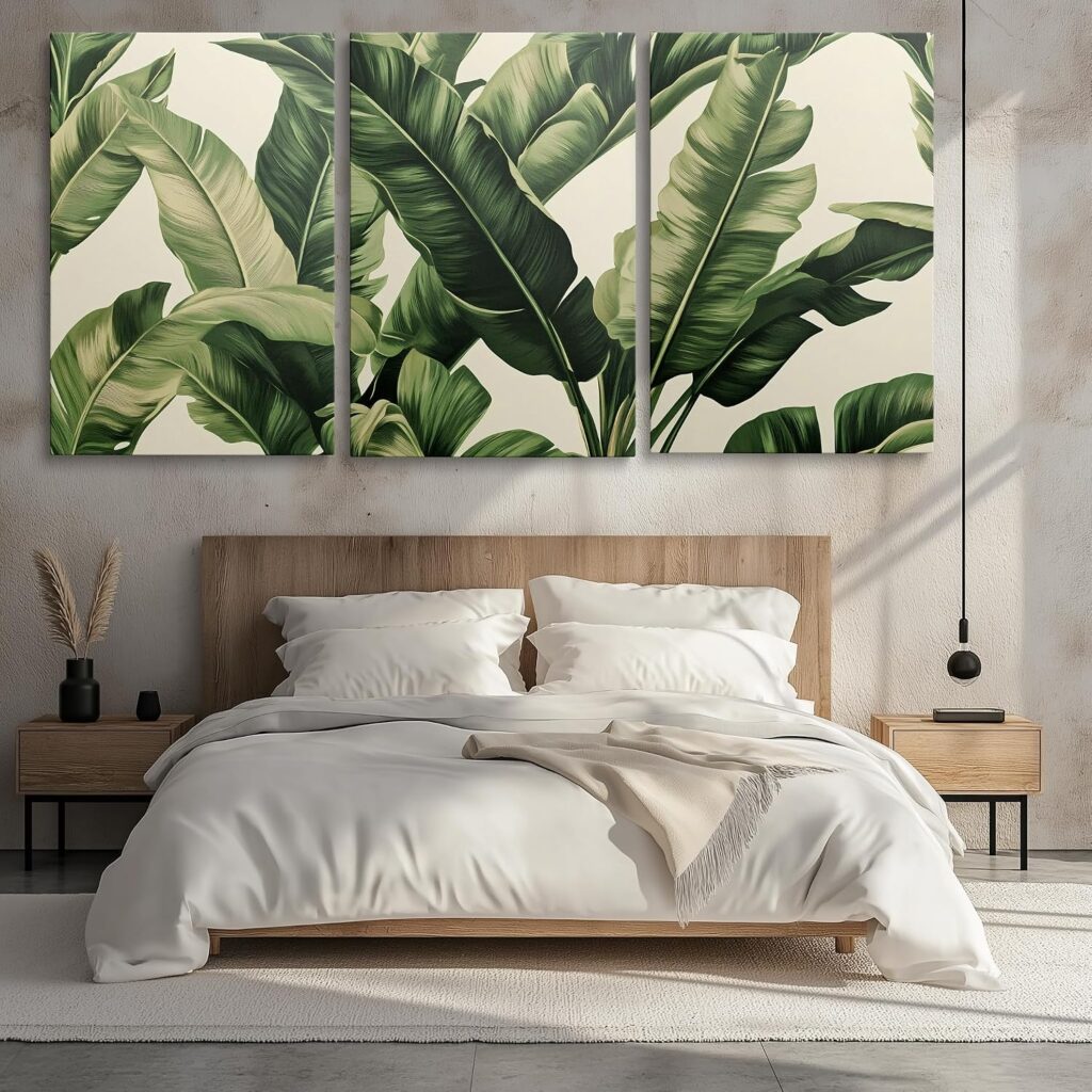 Madayos 3 Piece Tropical Leaves Canvas Wall Art Banana Leaf Botanical Prints Large 24x36 Inch Framed Wall Decor for Living Room Bedroom