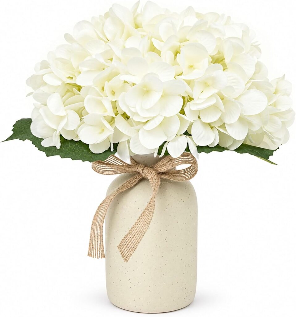 White Artificial Hydrangea Arrangement with Ceramic Vase 9 Inch