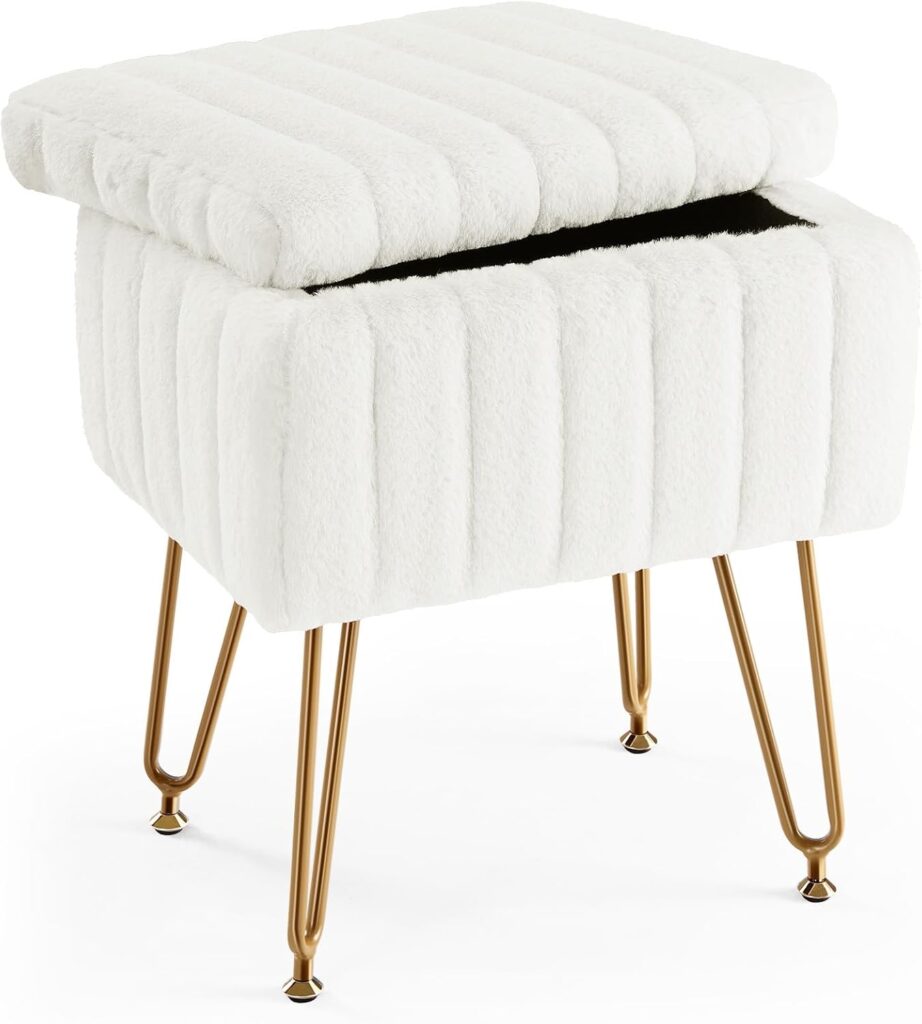 Sweetcrispy Vanity Stool Chair for Desk Storage Faux Fur Ottoman White