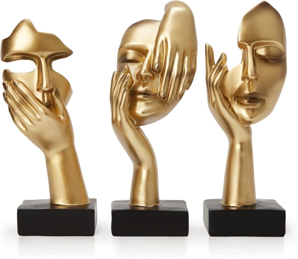 Gold Decor Thinker Statues Set of 3 Golden Abstract Face Resin Sculptures Home Decor Accents Office Bookshelf Decor Shelf Side Table Decorations for Living Room Gift for Friends (gold-3Pcs)